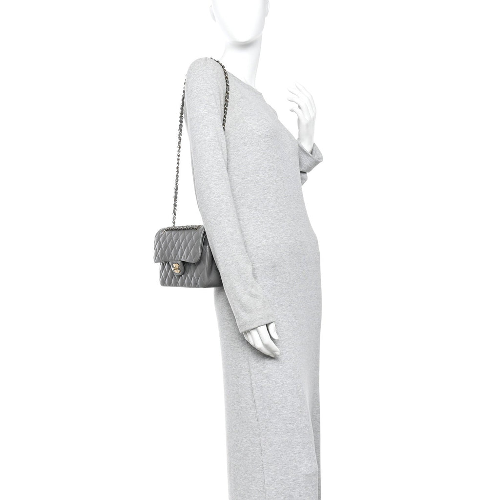 Lambskin Quilted Small Double Flap Grey wholesalehk.shop