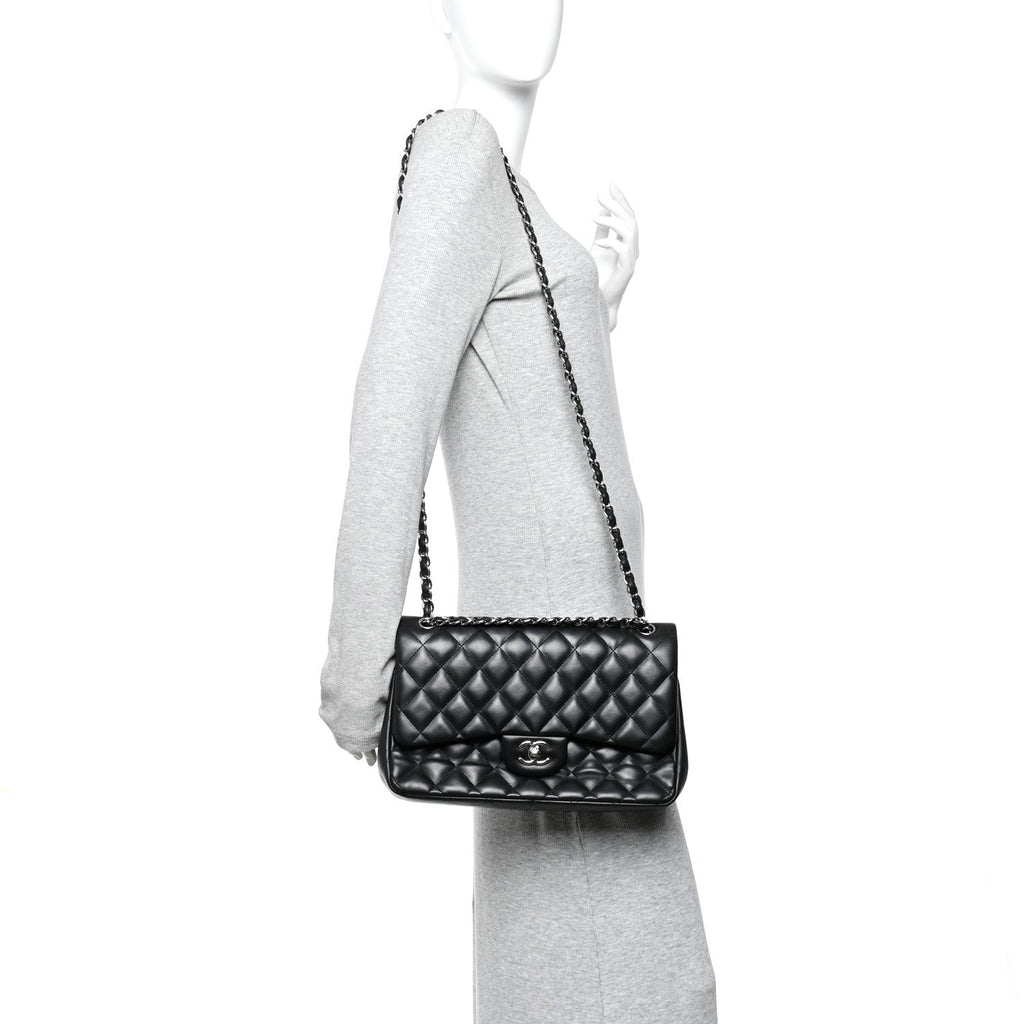 Lambskin Quilted Jumbo Double Flap Black wholesalehk.shop