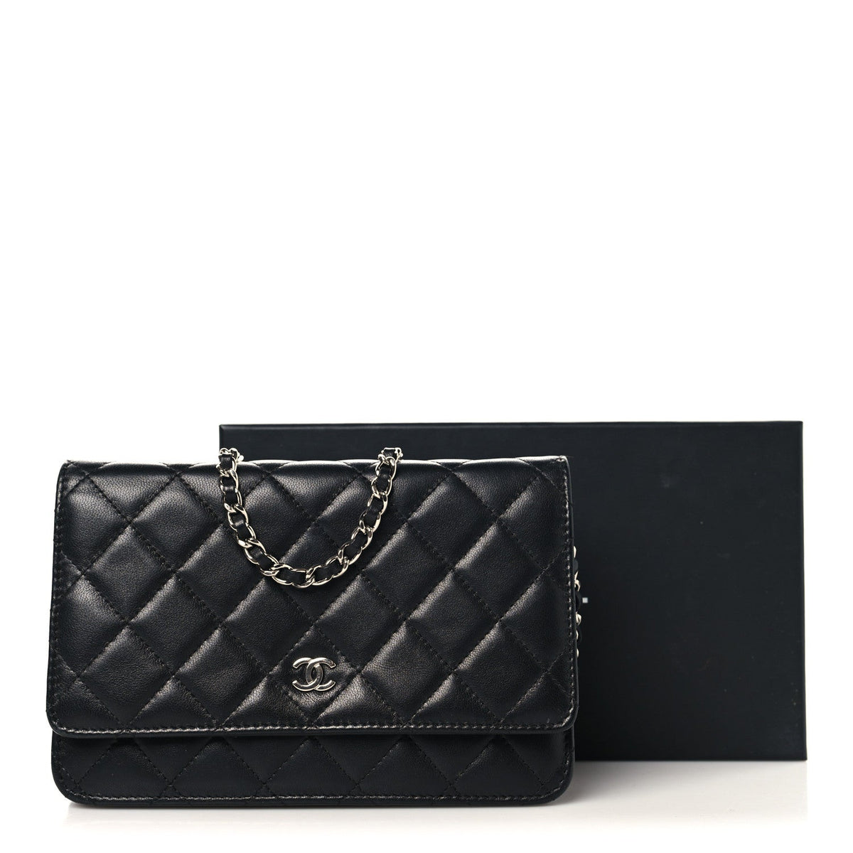Lambskin Quilted Wallet On Chain WOC Black wholesalehk.shop