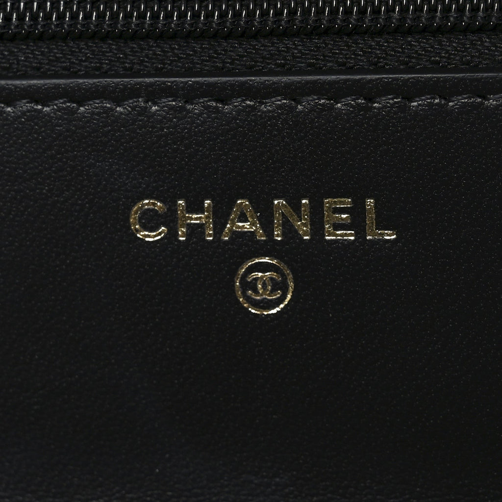 Lambskin Quilted Crystal Handle Wallet On Chain WOC Black wholesalehk.shop