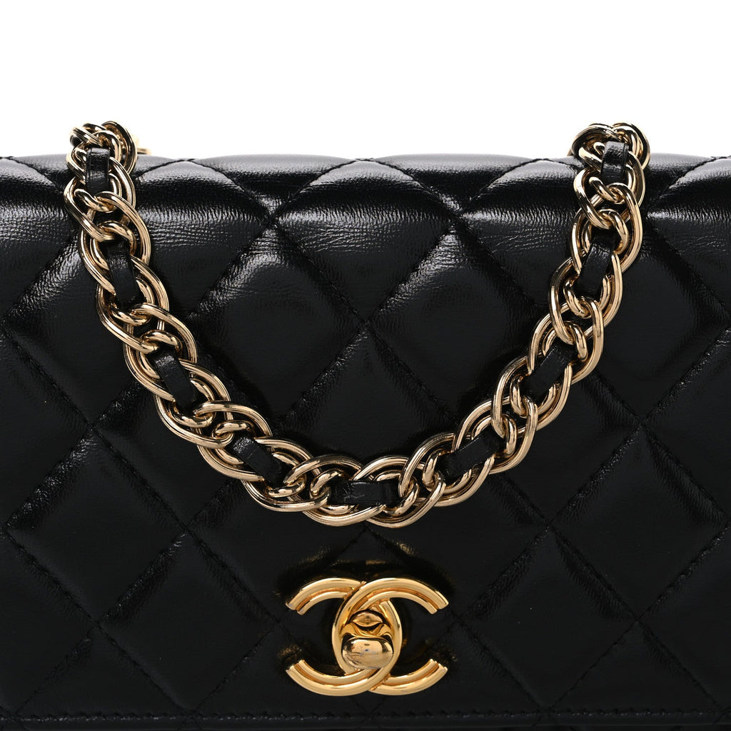 Shiny Lambskin Quilted Golden Links Wallet On Chain WOC Black wholesalehk.shop