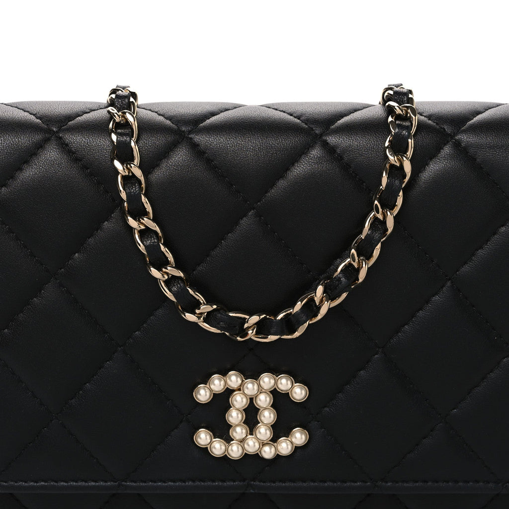 Lambskin Quilted Pearl CC Wallet on Chain WOC Black wholesalehk.shop