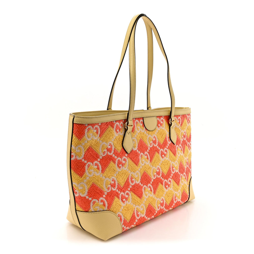 Straw Textured Dollar Calfskin Cancun Medium Ophidia Shopping Tote Orange Yellow wholesalehk.shop