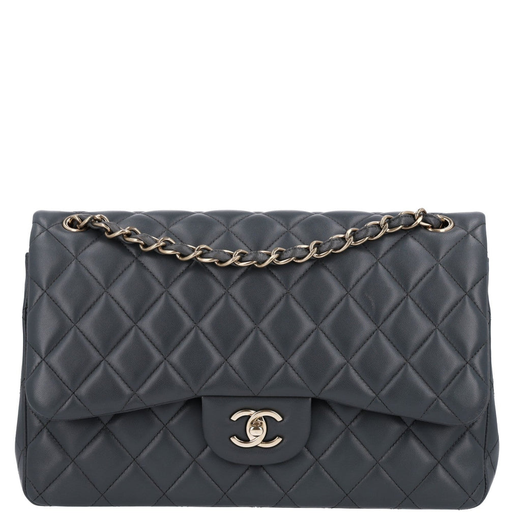 Lambskin Quilted Jumbo Double Flap Dark Grey wholesalehk.shop