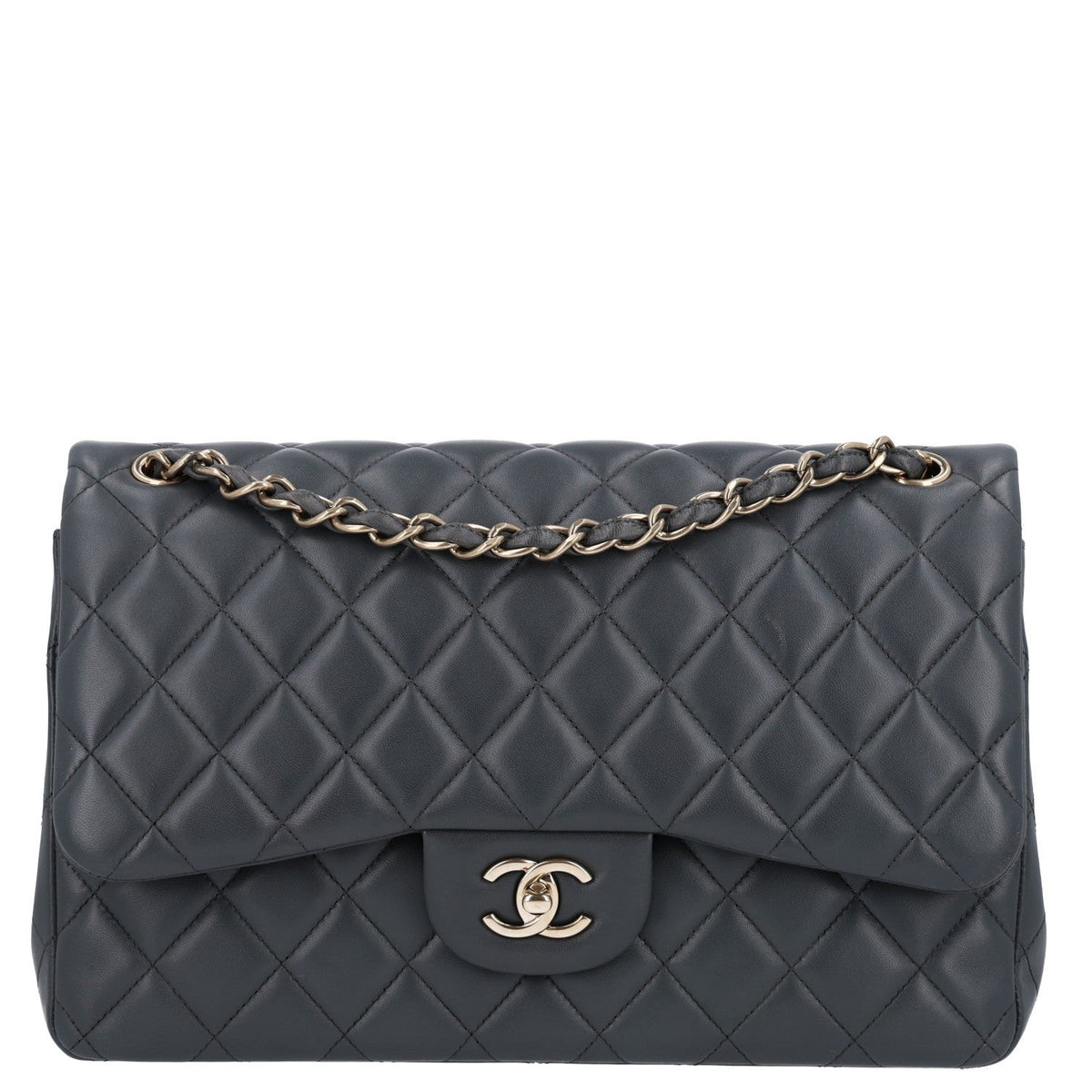 Lambskin Quilted Jumbo Double Flap Dark Grey wholesalehk.shop