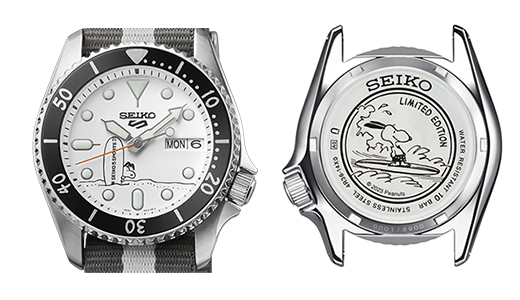Seiko 5 Sports x Peanuts Surfboard Snoopy Limited Edition White Dial Two Tone NATO Strap Watch For Men - SRPK25K1 wholesalehk.shop