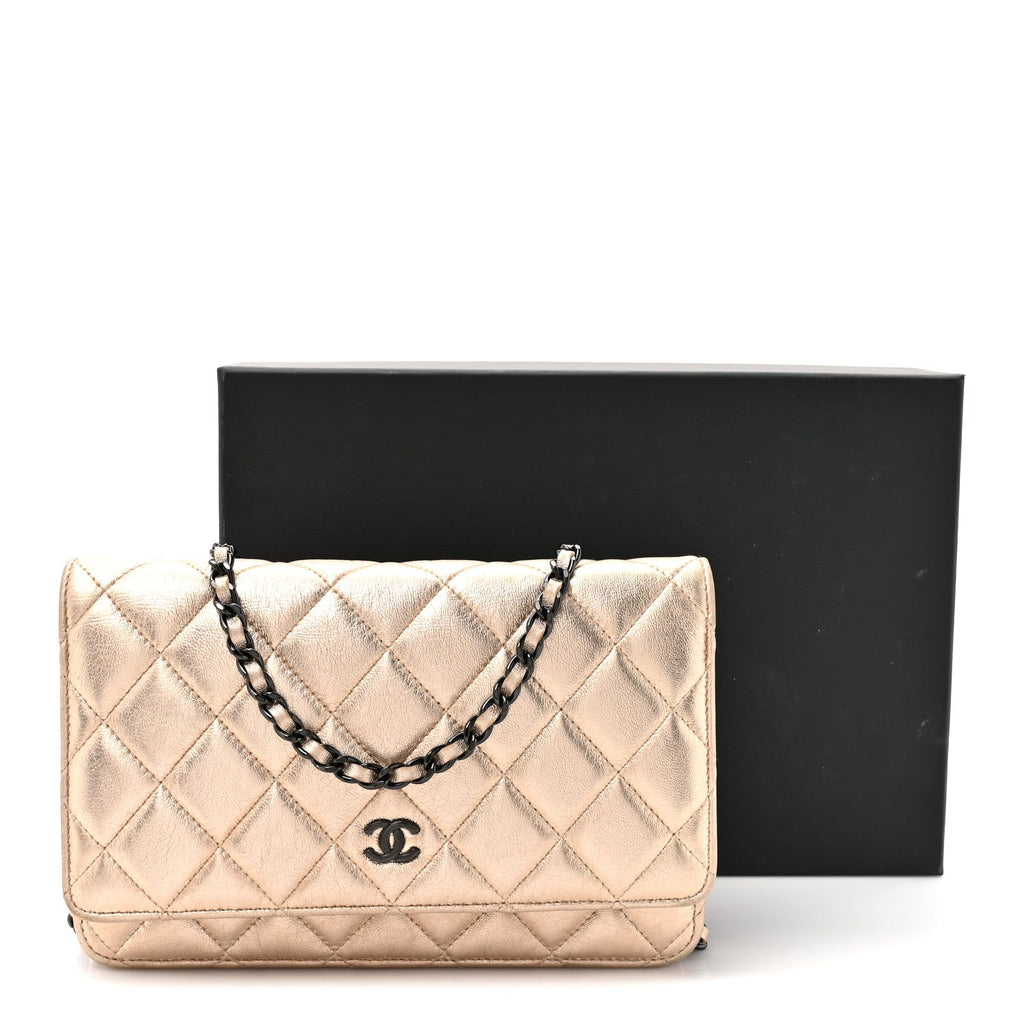 Metallic Lambskin Quilted Wallet On Chain WOC Gold Black wholesalehk.shop