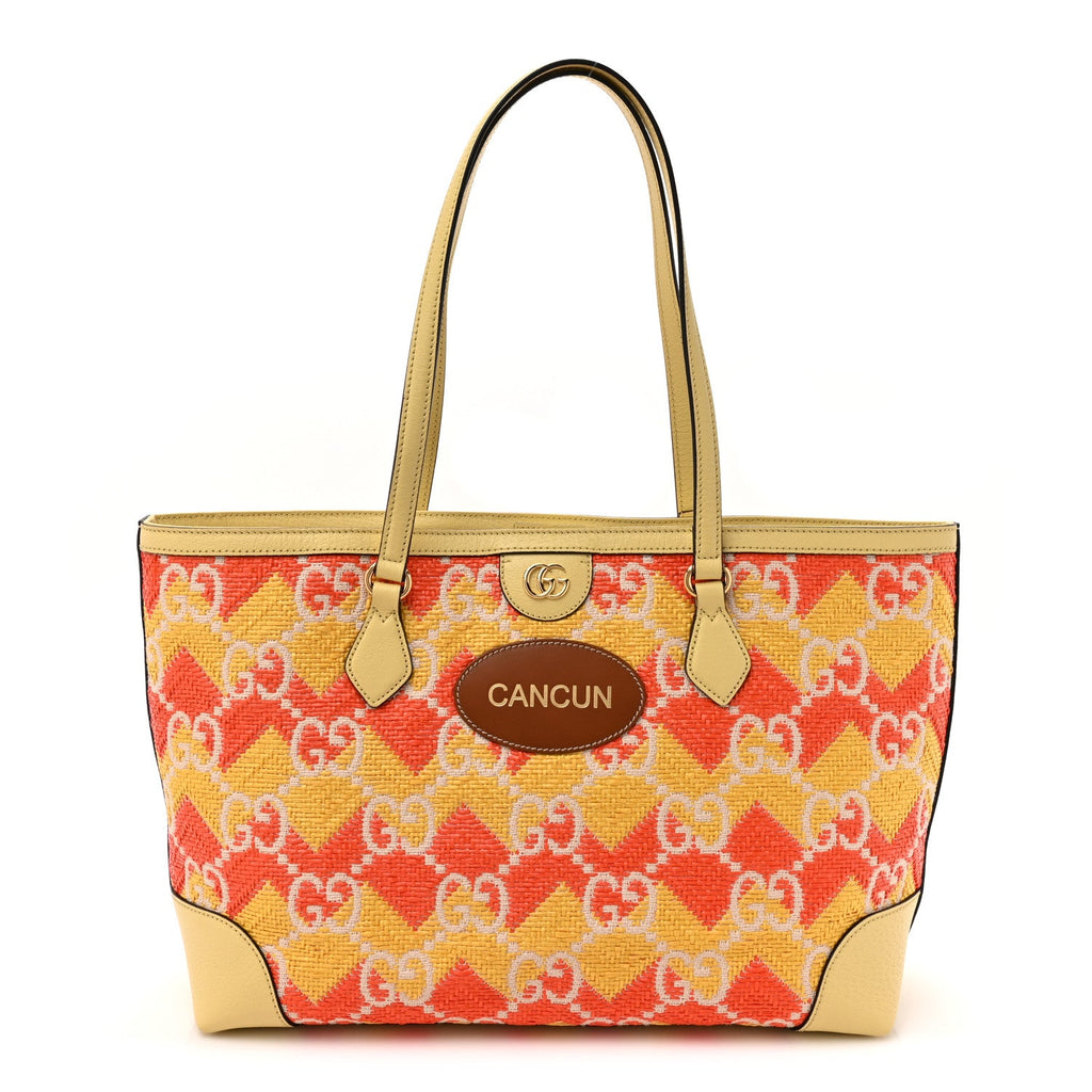 Straw Textured Dollar Calfskin Cancun Medium Ophidia Shopping Tote Orange Yellow wholesalehk.shop