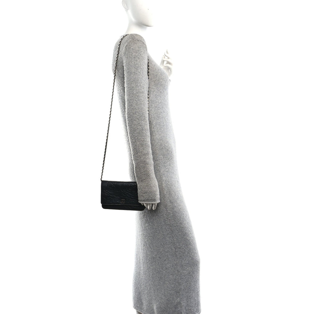 Lambskin Camellia Embossed Wallet on Chain WOC Black wholesalehk.shop