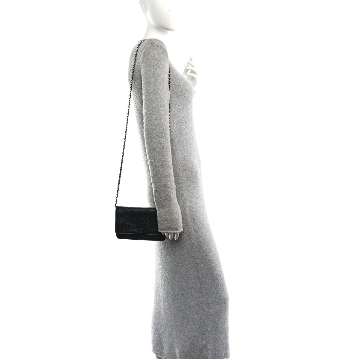Lambskin Camellia Embossed Wallet on Chain WOC Black wholesalehk.shop