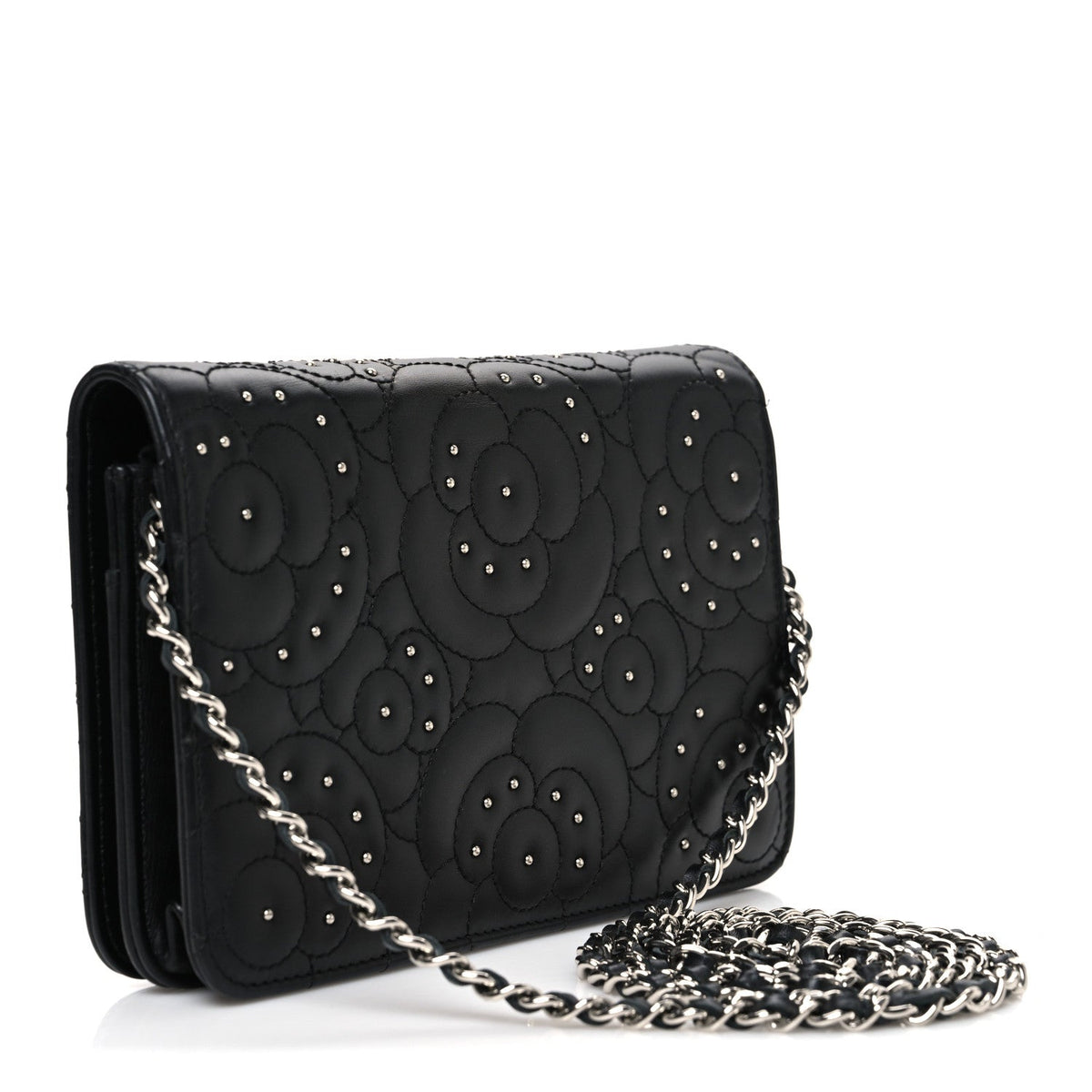 Lambskin Camellia Studded Wallet on Chain WOC Black wholesalehk.shop