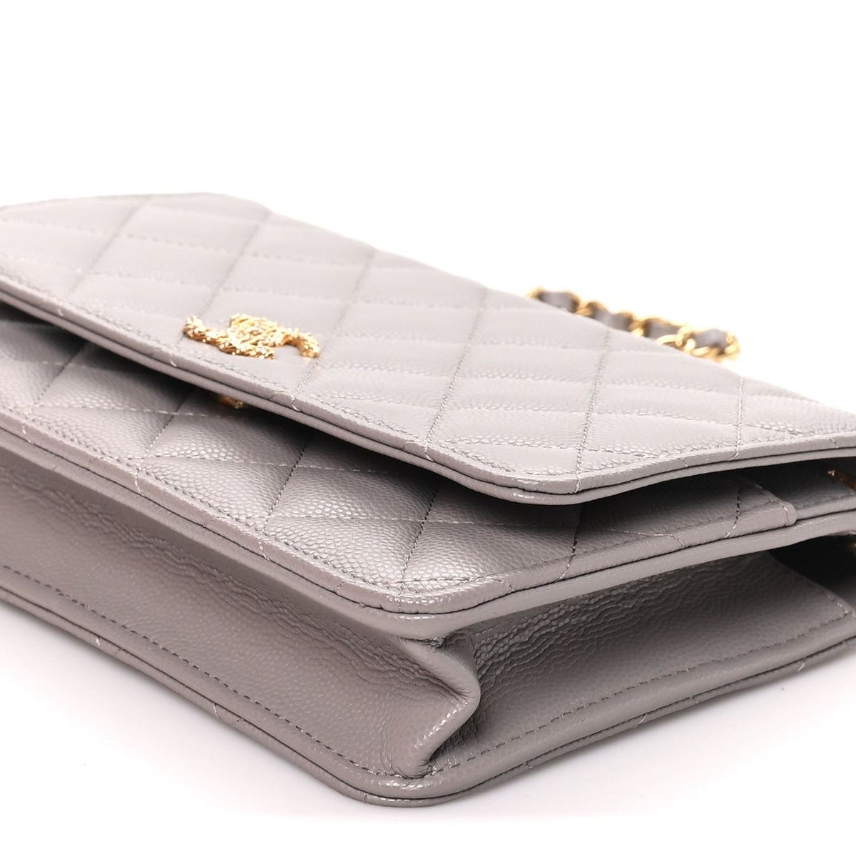Grained Calfskin Quilted Strass CC Wallet On Chain WOC Dark Grey wholesalehk.shop