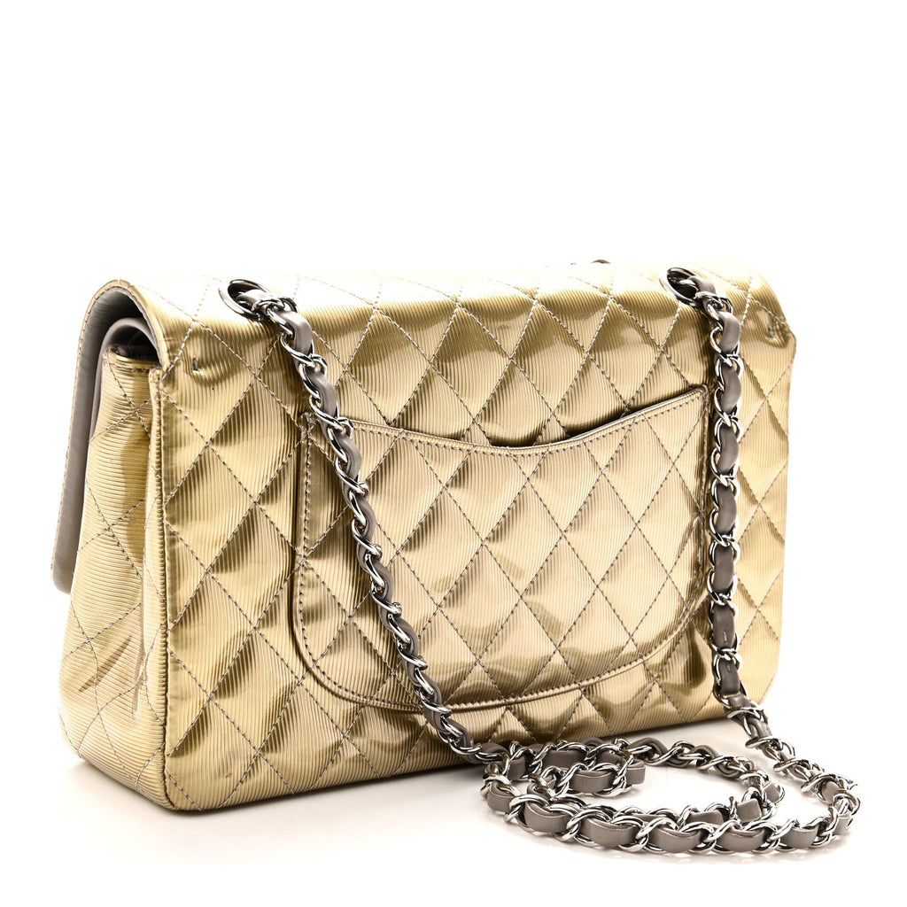 Striated Patent Quilted Medium Double Flap Gold wholesalehk.shop