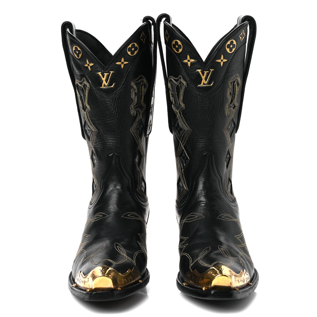 Calfskin LV Texan Mens Rider Boots 7.5 Black Gold £¨ Direct shipment via from wholesalehk.shop