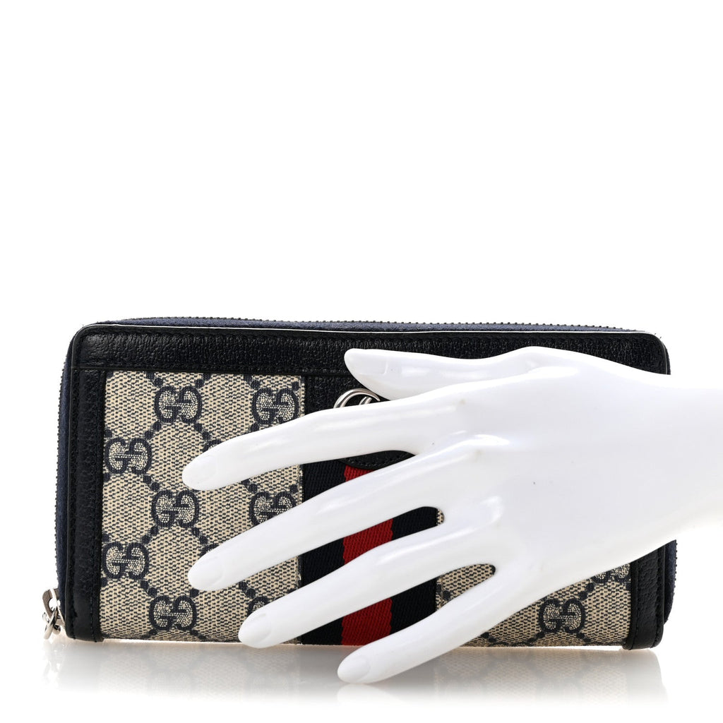 GG Supreme Monogram Textured Dollar Calfskin Web Ophidia Zip Around Wallet Beige Blue wholesalehk.shop