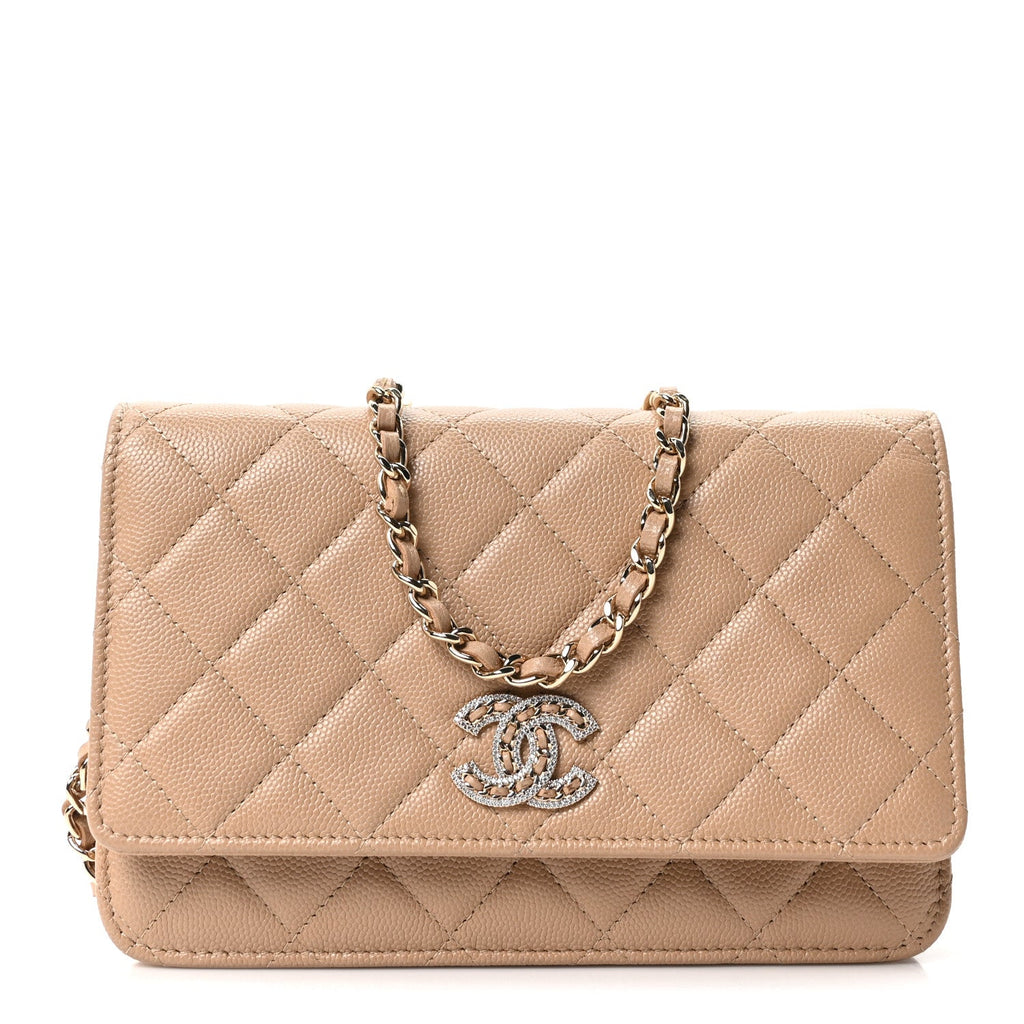 Caviar Quilted Crystal CC Wallet On Chain WOC Beige wholesalehk.shop