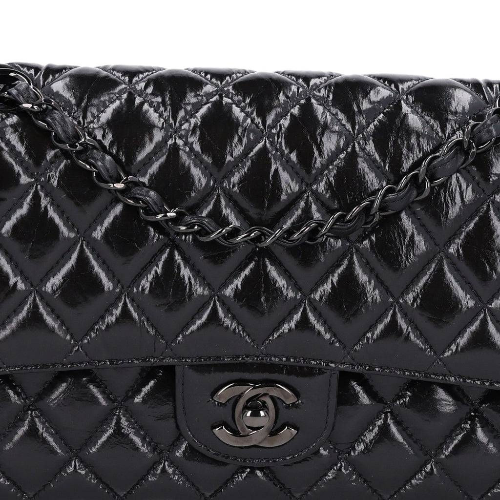 Shiny Crumpled Calfskin Quilted Medium Double Flap So Black wholesalehk.shop