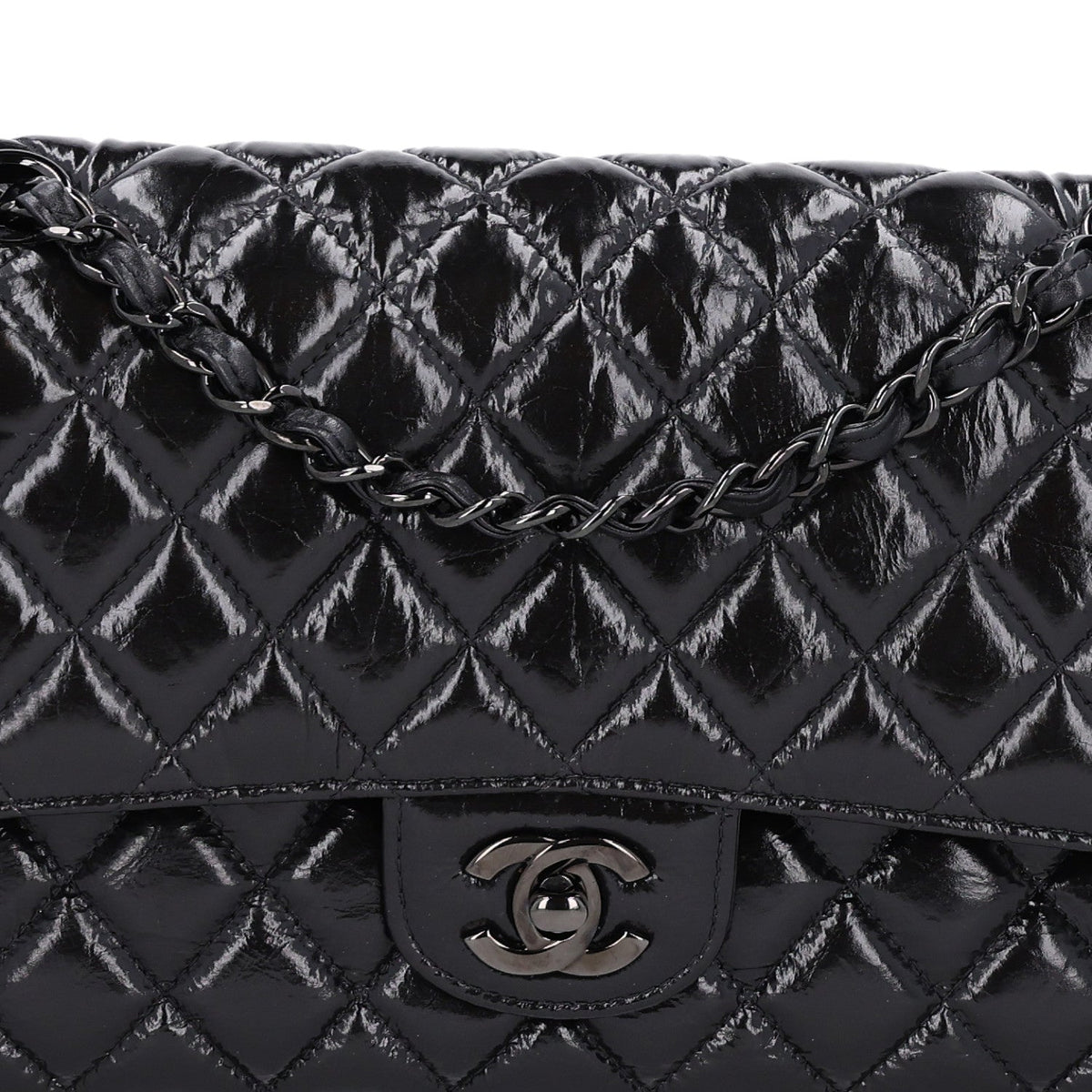 Shiny Crumpled Calfskin Quilted Medium Double Flap So Black wholesalehk.shop