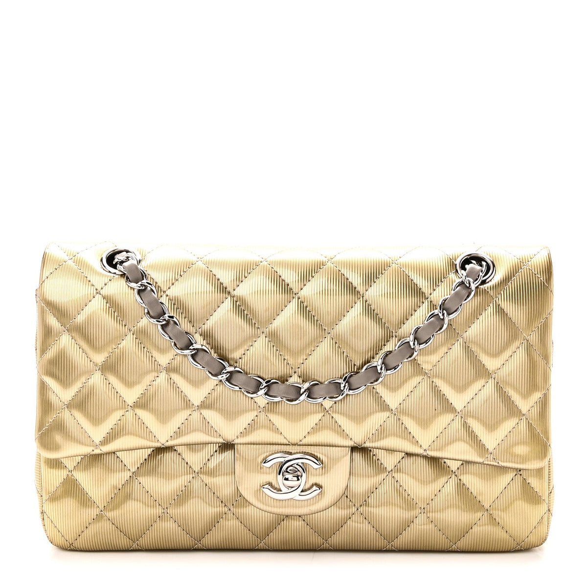 Striated Patent Quilted Medium Double Flap Gold wholesalehk.shop