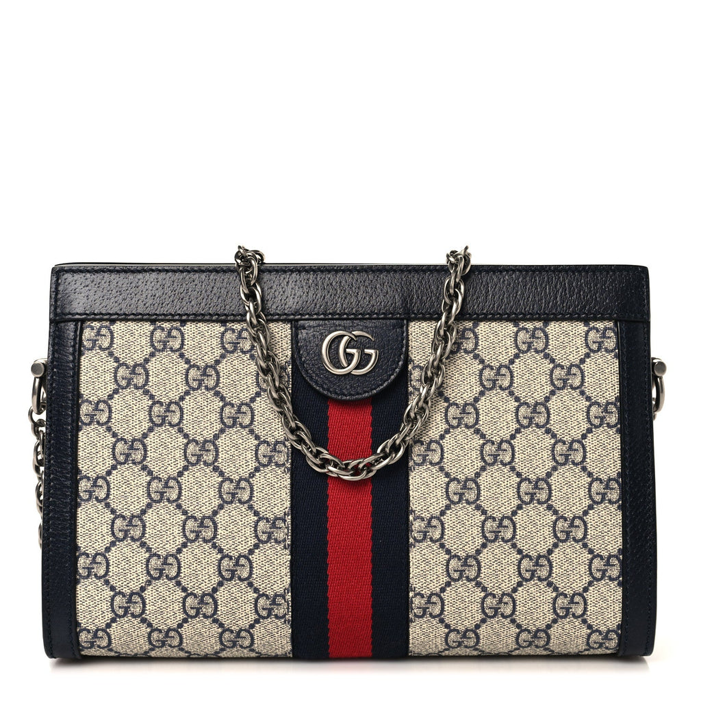 GG Supreme Monogram Textured Dollar Calfskin Web Small Ophidia Chain Shoulder Bag Beige Blue wholesalehk.shop