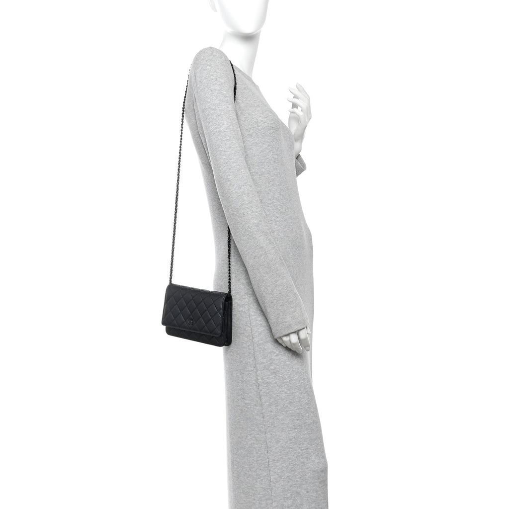 Pearly Lambskin Quilted Wallet On Chain WOC So Black wholesalehk.shop