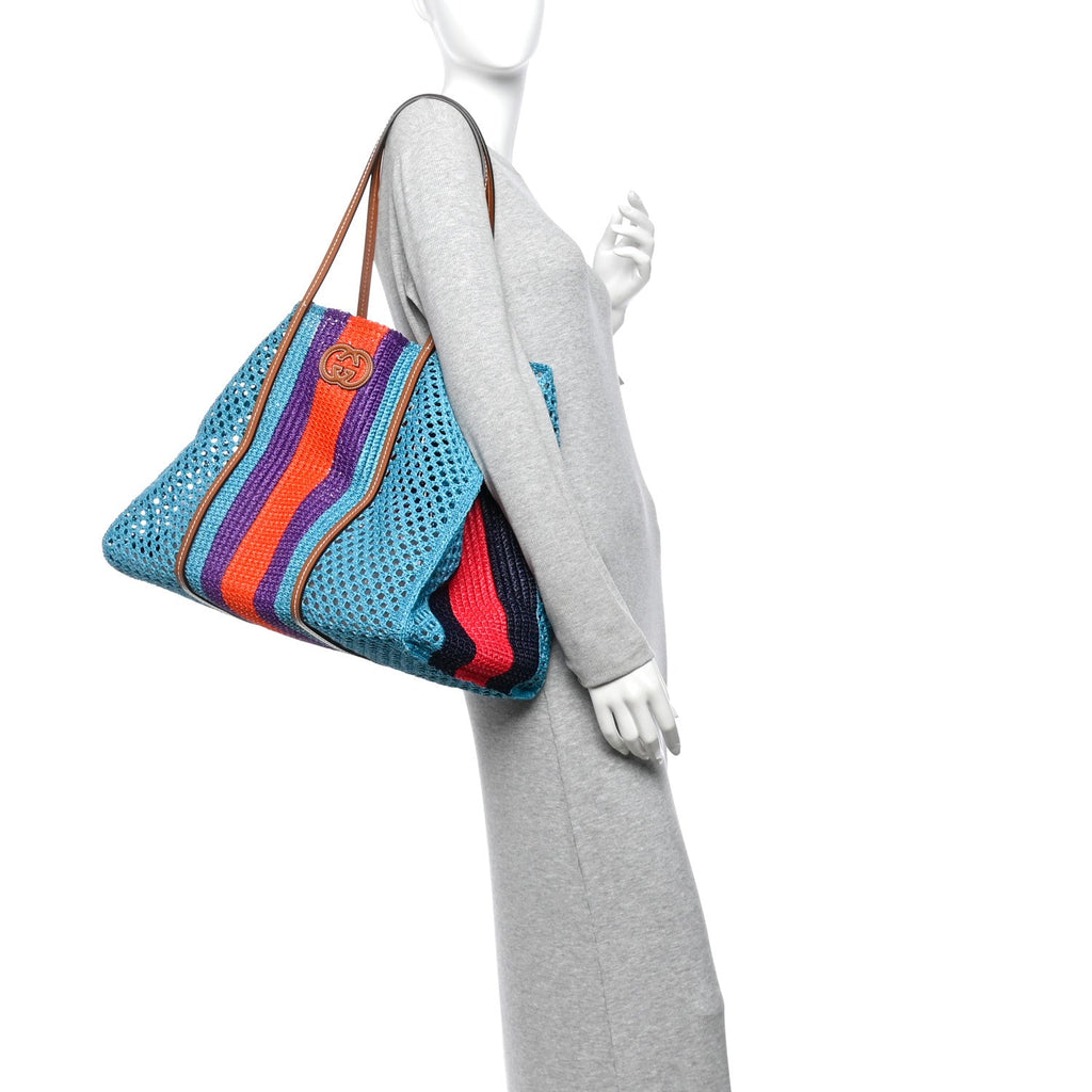Raffia Web Woven Interlocking G Tote Blue Multicolor wholesalehk.shop