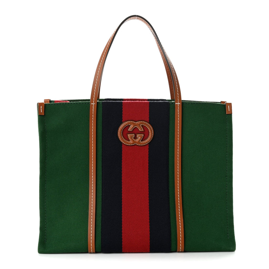 Canvas Calfskin Web Small Interlocking G Tote Bag Green Red wholesalehk.shop