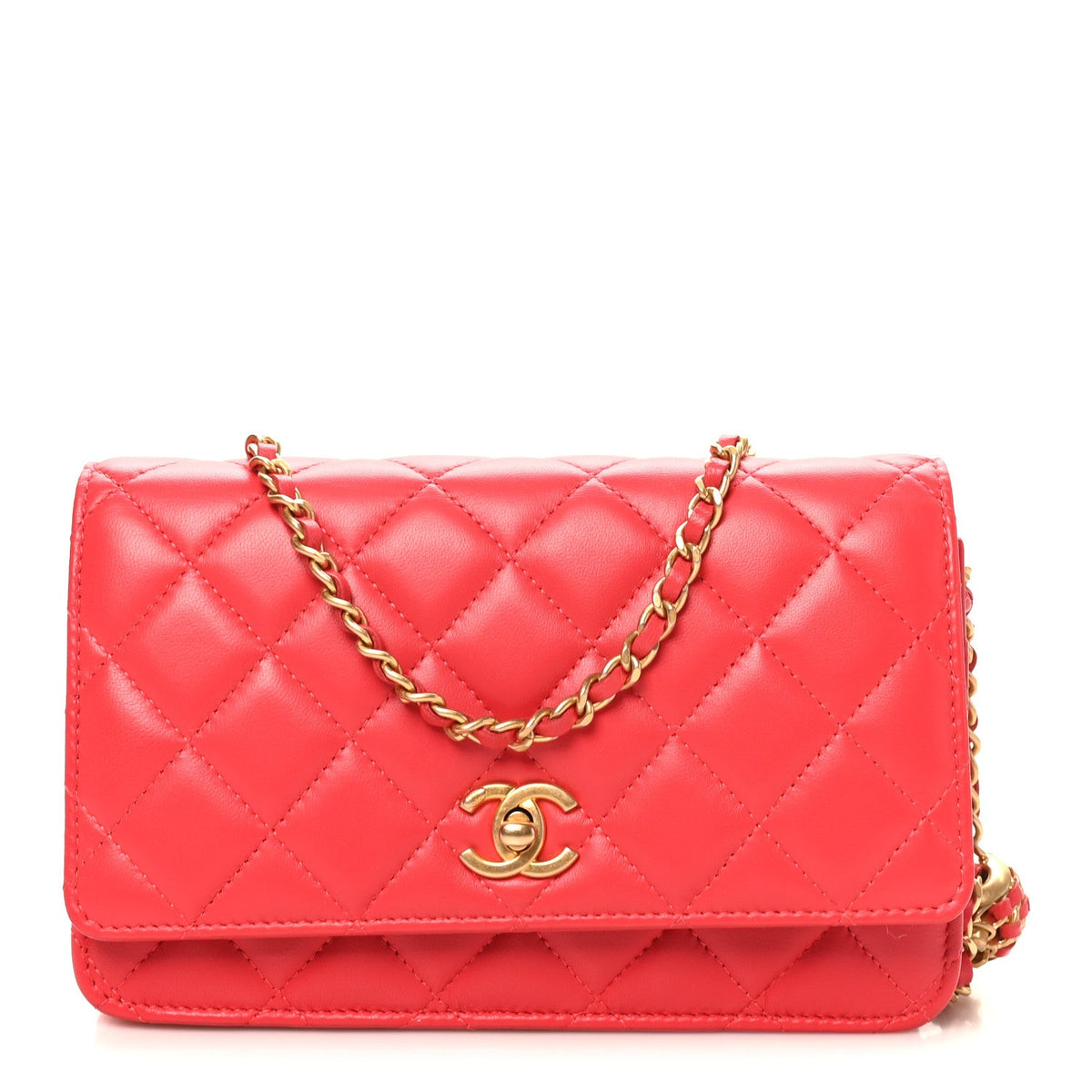 Lambskin Quilted CC Pearl Crush Wallet On Chain WOC  Red wholesalehk.shop
