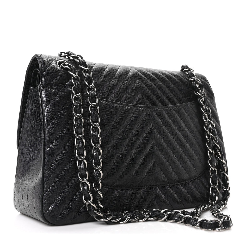 Iridescent Caviar Chevron Quilted Jumbo Double Flap Black wholesalehk.shop