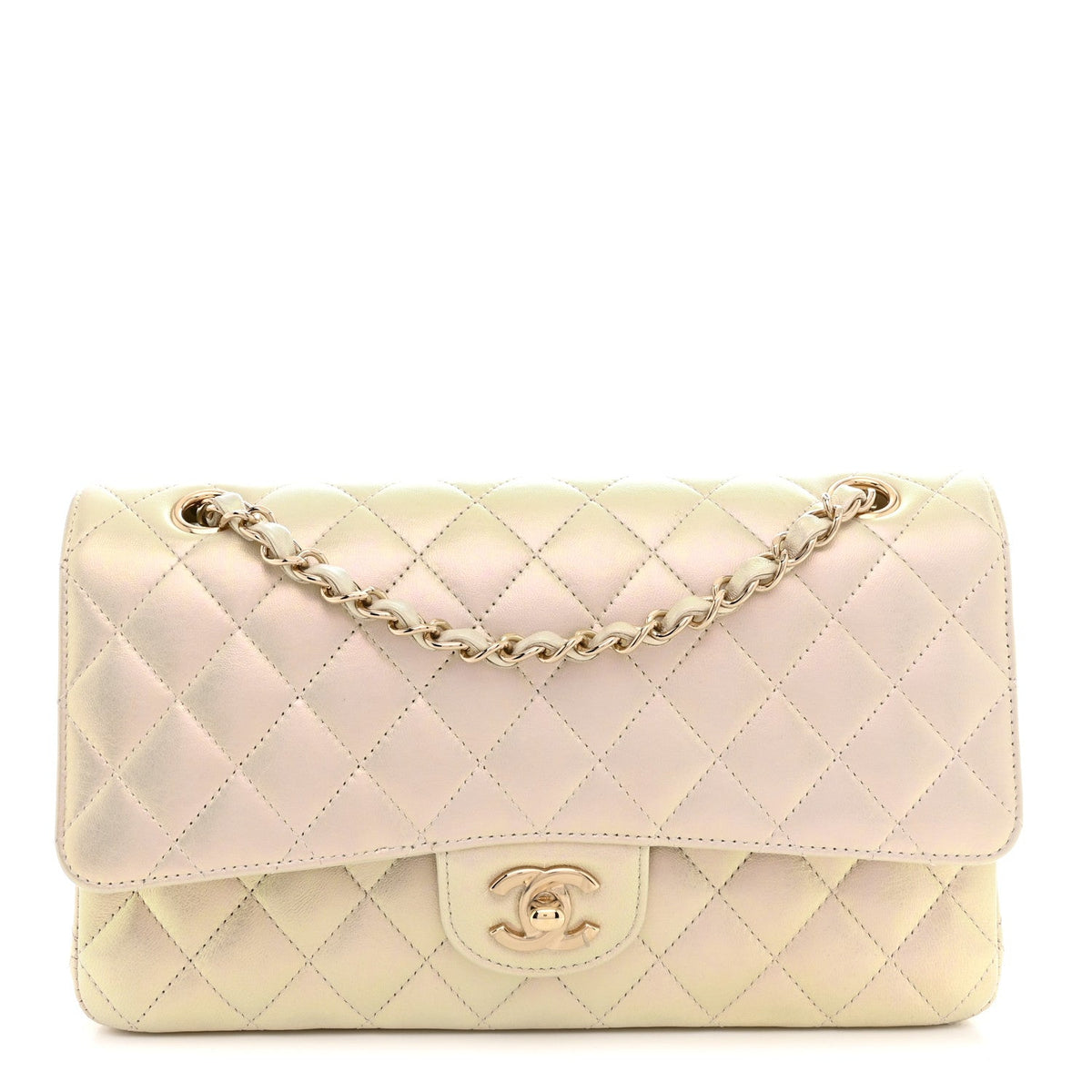 Iridescent Lambskin Quilted Medium Double Flap Ivory wholesalehk.shop
