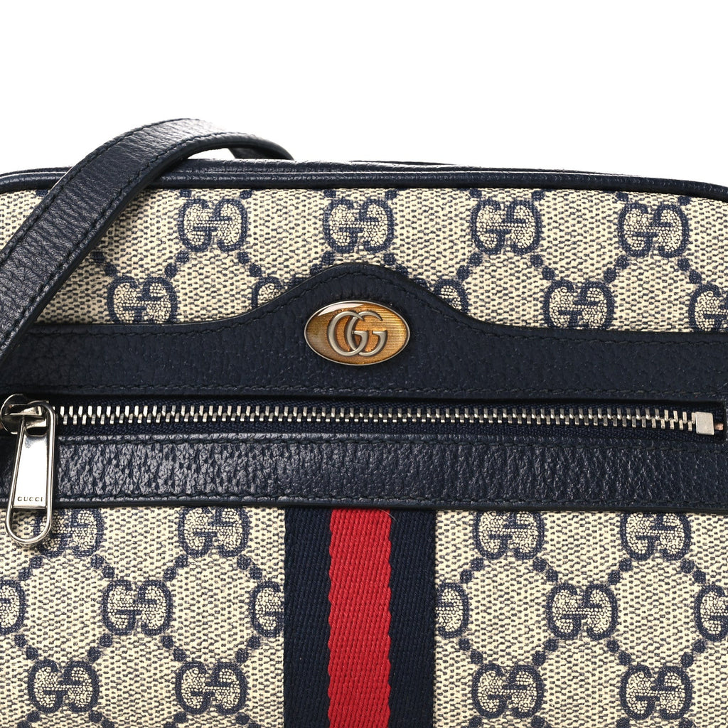 GG Supreme Monogram Textured Dollar Calfskin Web Mini Ophidia Shoulder Bag Beige Blue wholesalehk.shop