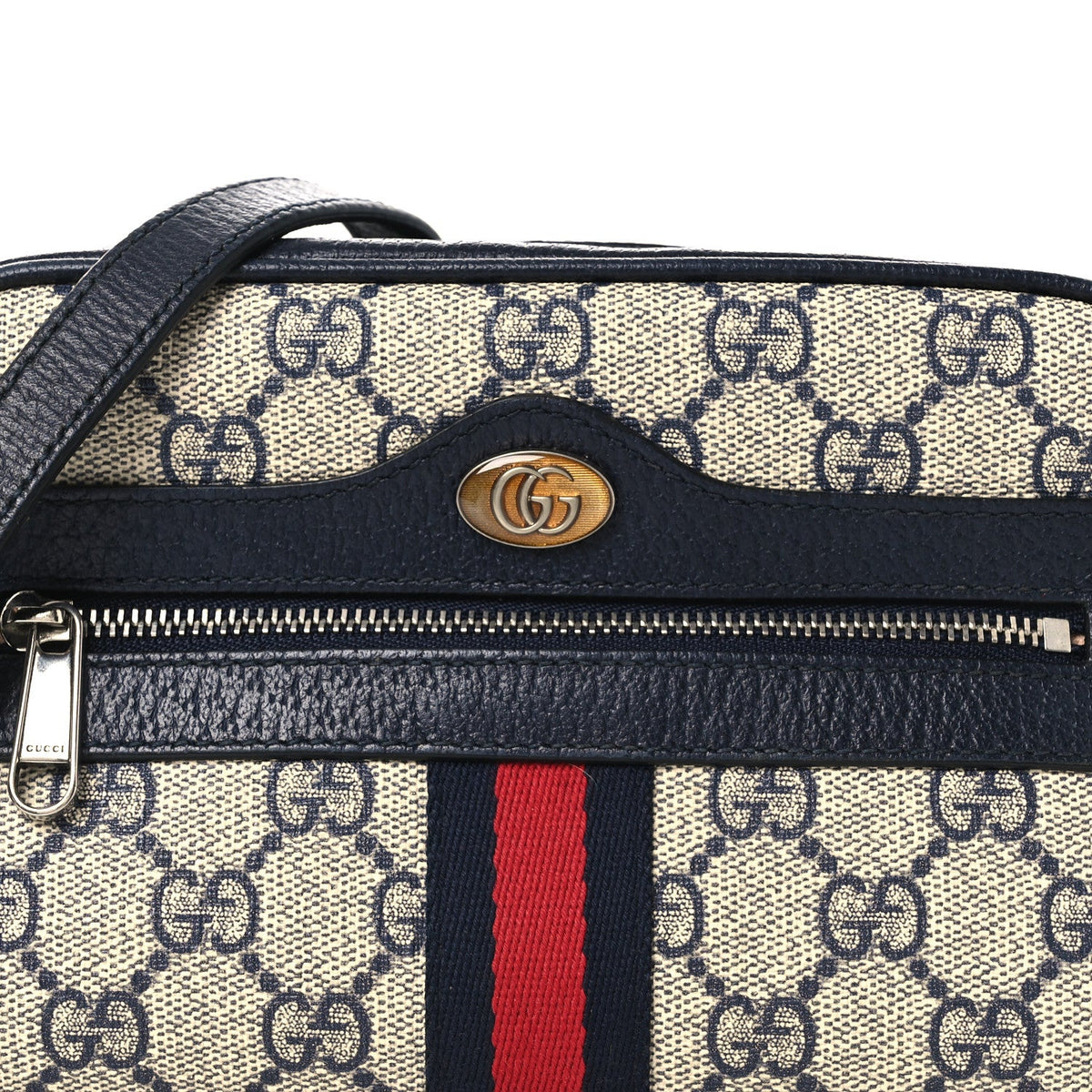 GG Supreme Monogram Textured Dollar Calfskin Web Mini Ophidia Shoulder Bag Beige Blue wholesalehk.shop