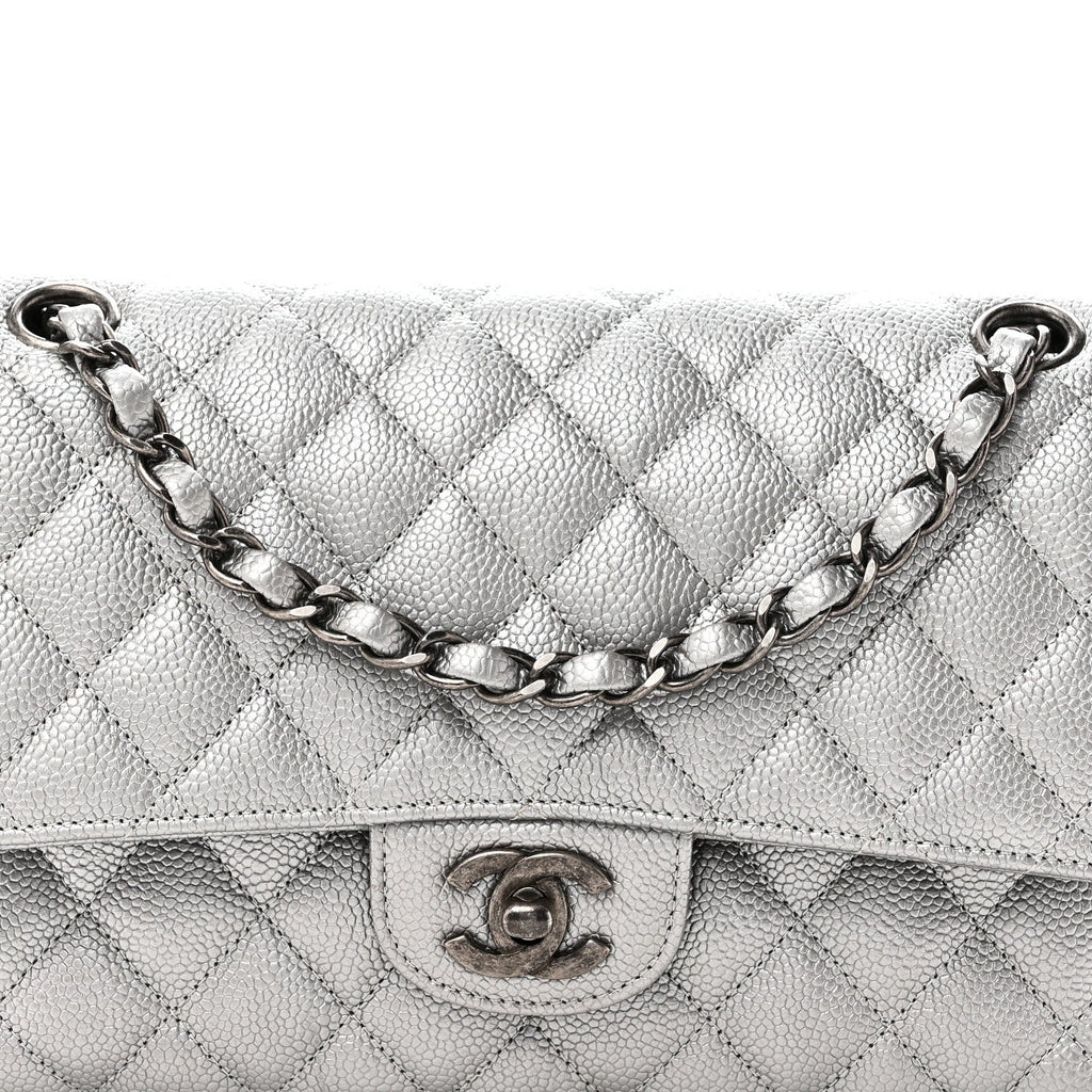 Metallic Caviar Quilted Medium Double Flap Silvery wholesalehk.shop