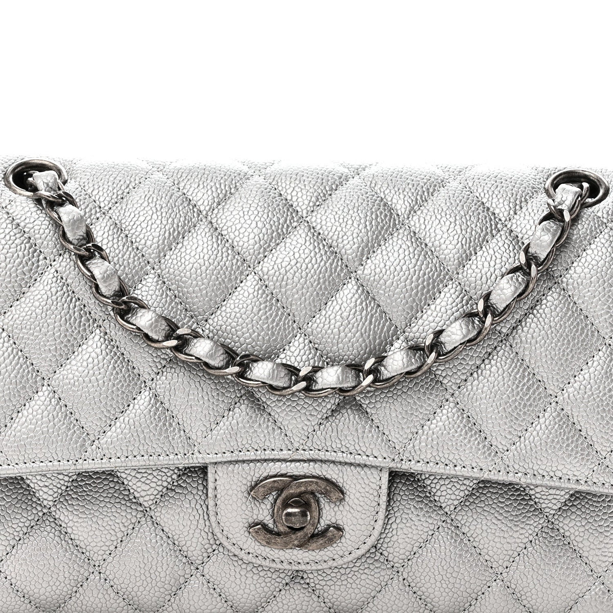 Metallic Caviar Quilted Medium Double Flap Silvery wholesalehk.shop