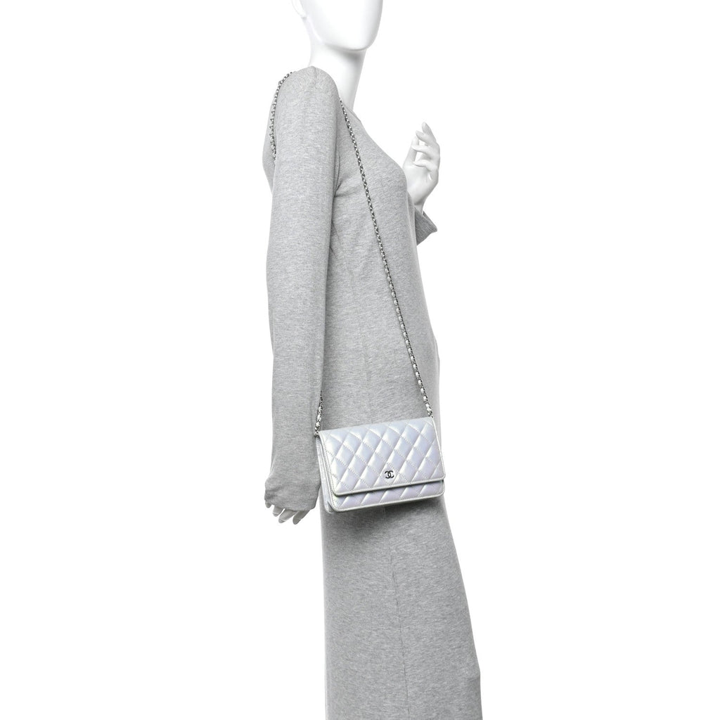 Iridescent Calfskin Quilted Wallet On Chain WOC Light Blue wholesalehk.shop
