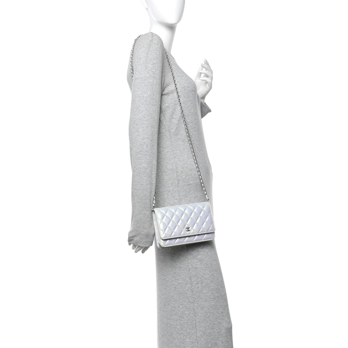 Iridescent Calfskin Quilted Wallet On Chain WOC Light Blue wholesalehk.shop