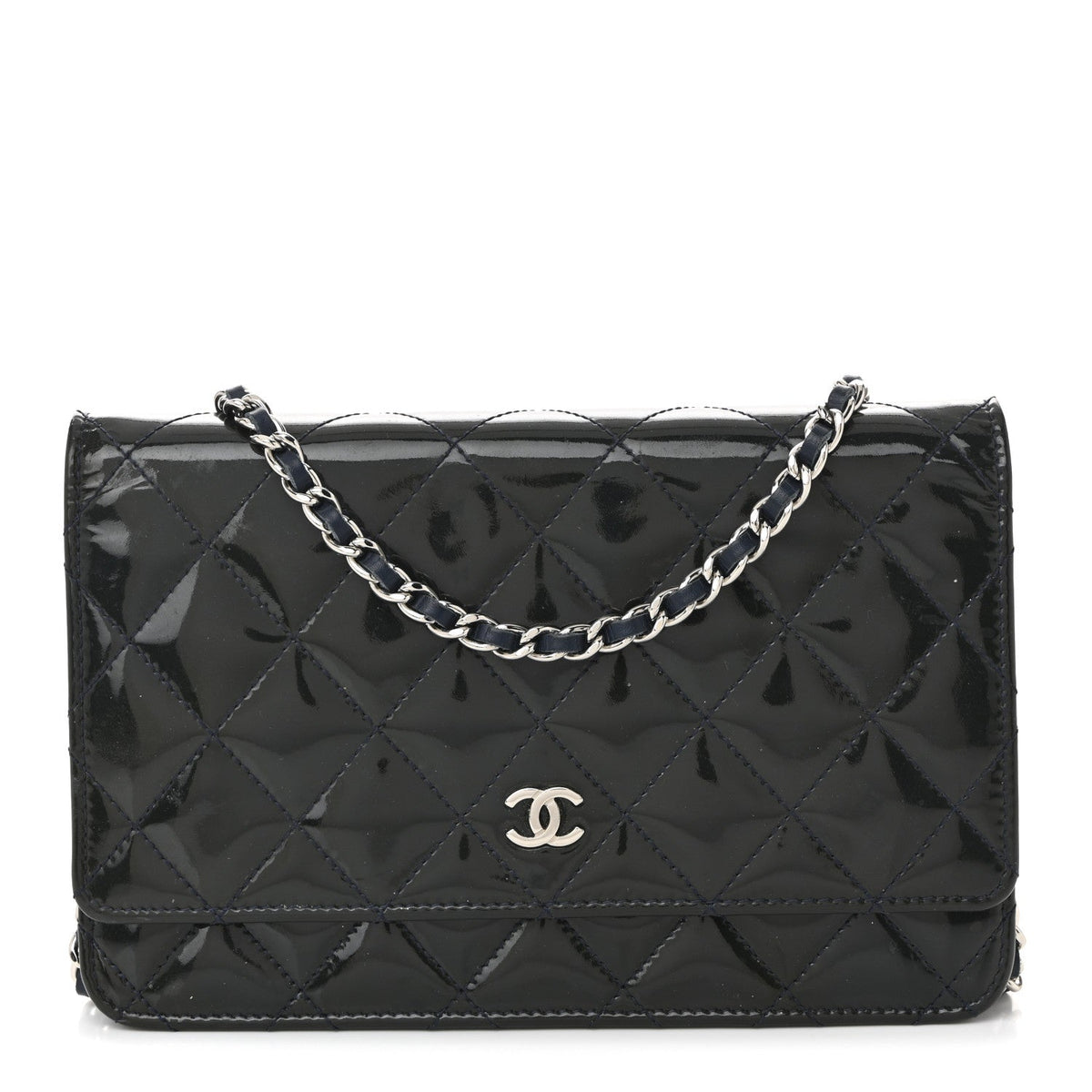 Patent Quilted Wallet On Chain WOC Navy Blue wholesalehk.shop