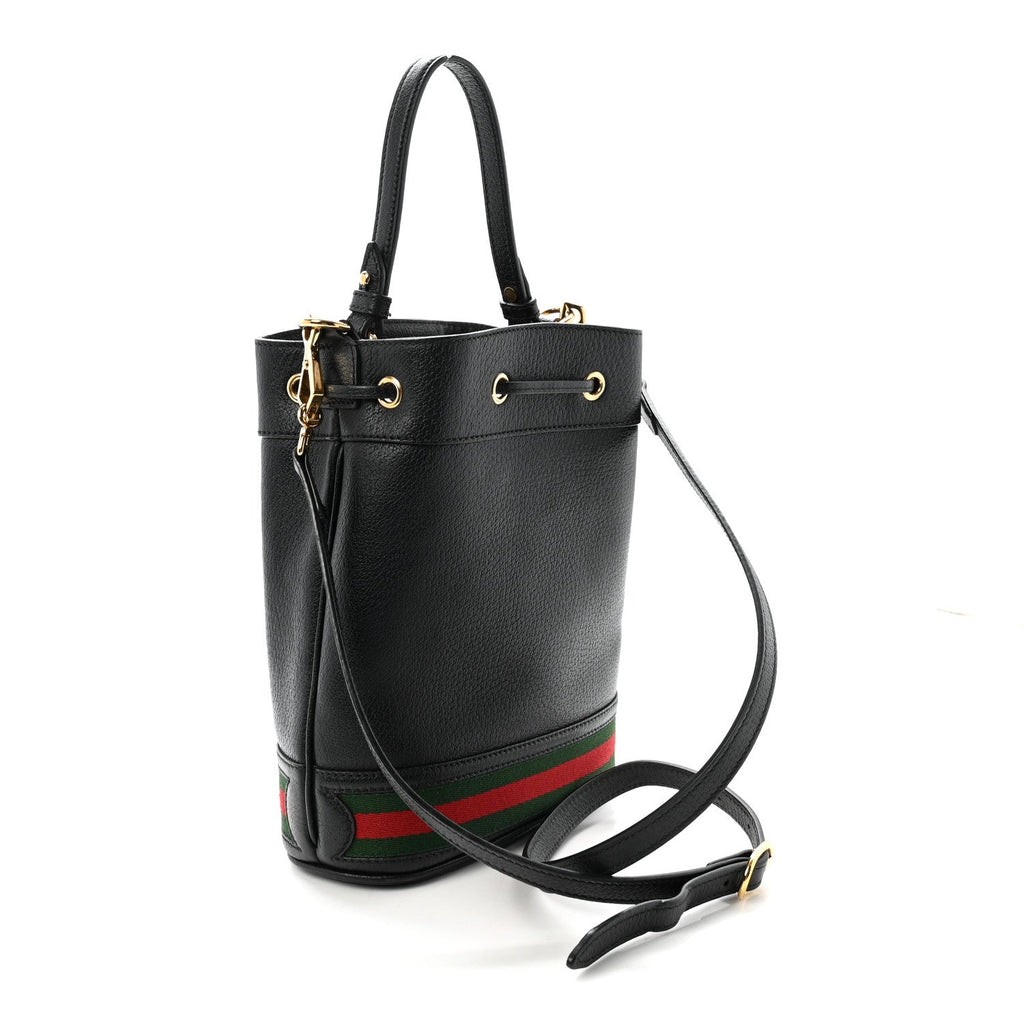 Glazed Textured Calfskin Web Small Ophidia Bucket Bag Black wholesalehk.shop