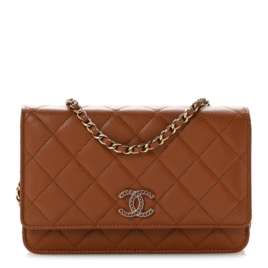 Shiny Caviar Quilted Strass Wallet On Chain WOC Light Brown wholesalehk.shop