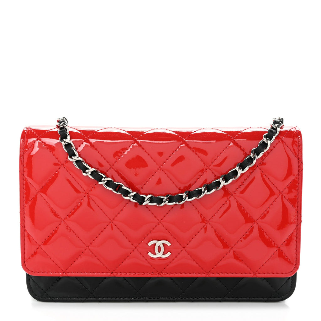 Patent Quilted Bi-Color Wallet On Chain WOC Red Black wholesalehk.shop
