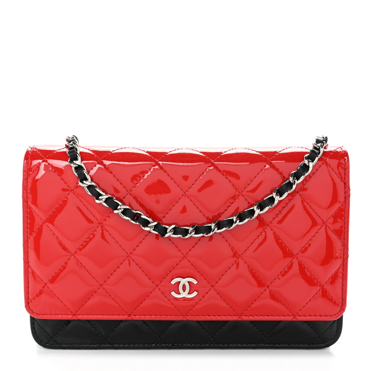Patent Quilted Bi-Color Wallet On Chain WOC Red Black wholesalehk.shop