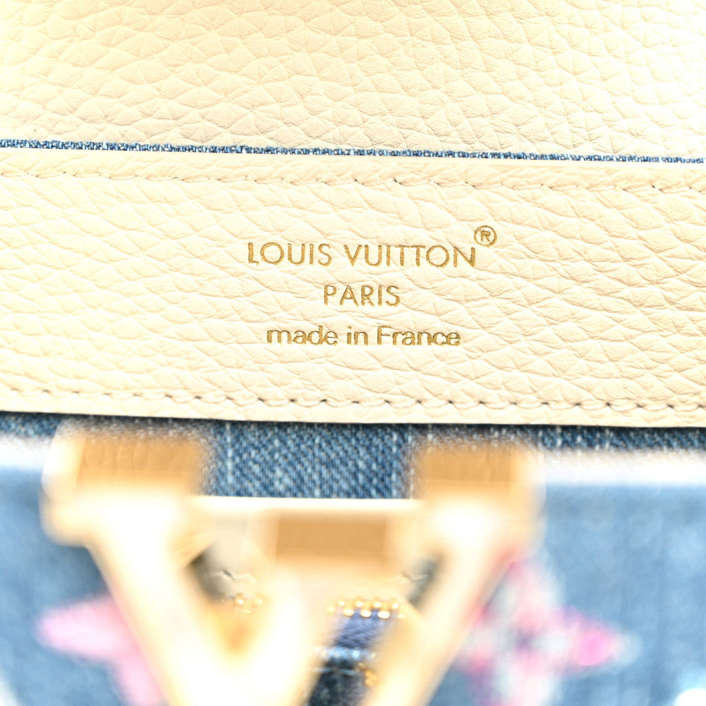 Denim Lurex Beaded Calfskin Capucines Mini Blue Cream £¨ Direct shipment via from wholesalehk.shop