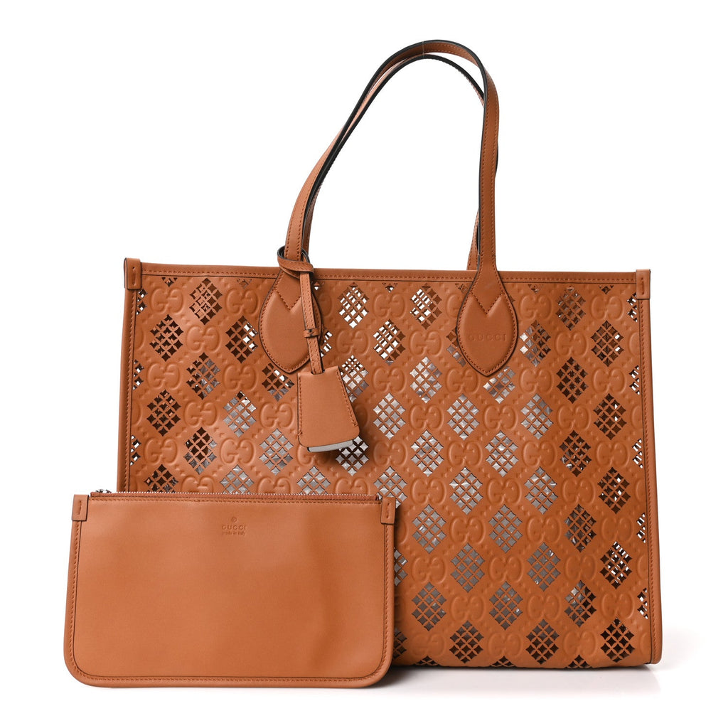 Calfskin GG Monogram Diamond Cut Medium Ophidia Tote Bag Brown wholesalehk.shop