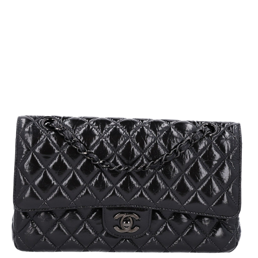Shiny Crumpled Calfskin Quilted Medium Double Flap So Black wholesalehk.shop