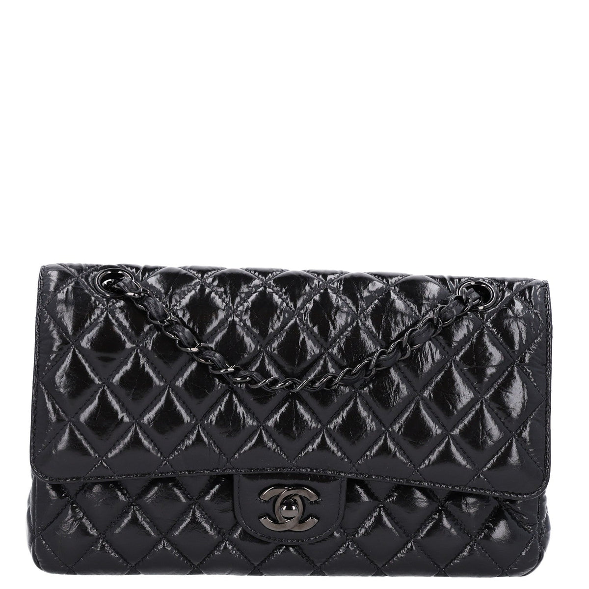 Shiny Crumpled Calfskin Quilted Medium Double Flap So Black wholesalehk.shop