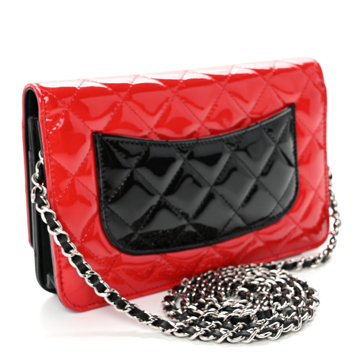 Patent Quilted Bi-Color Wallet On Chain WOC Red Black wholesalehk.shop