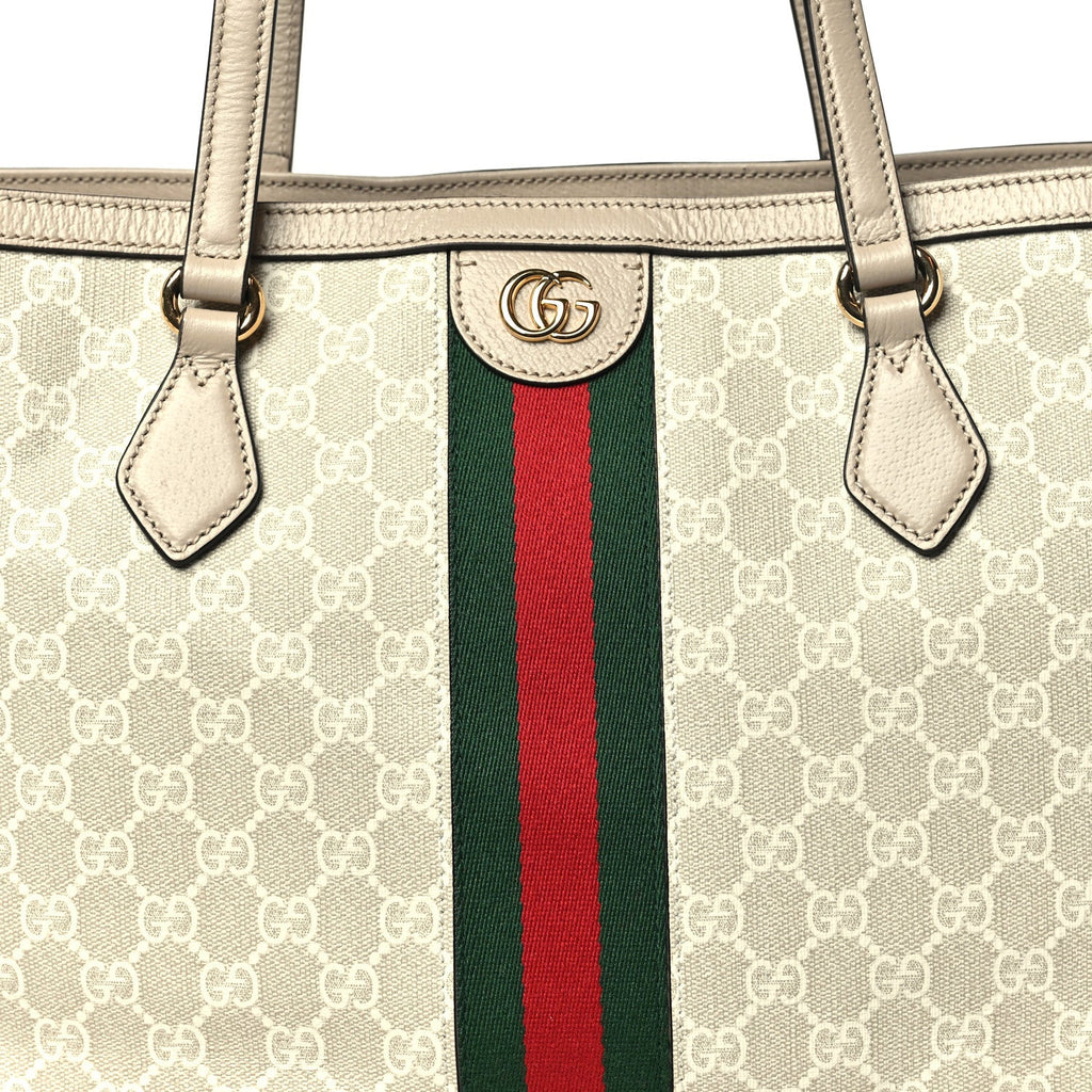 GG Supreme Monogram Textured Dollar Calfskin Web Medium Ophidia Shopping Tote Beige Mystic White Oatmeal wholesalehk.shop