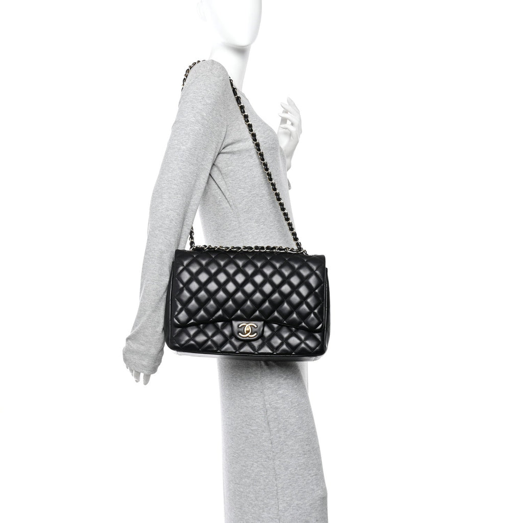 Lambskin Quilted Maxi Double Flap Black wholesalehk.shop