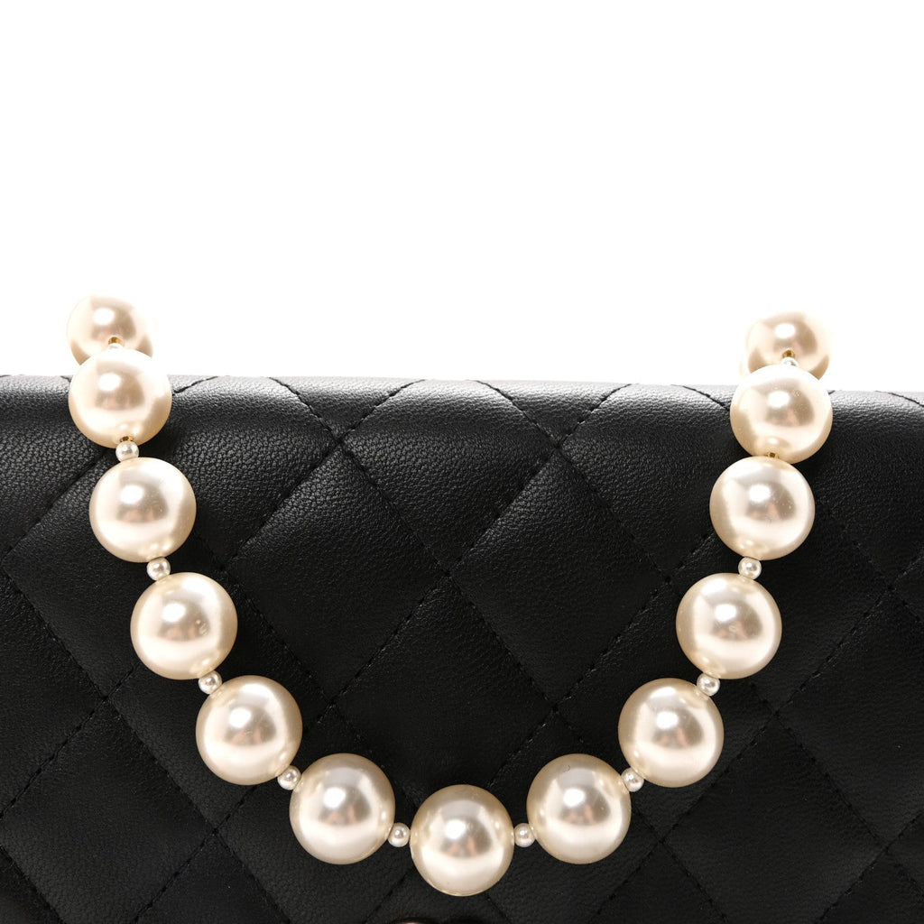 Lambskin Quilted Pearl Wallet On Chain WOC Black wholesalehk.shop