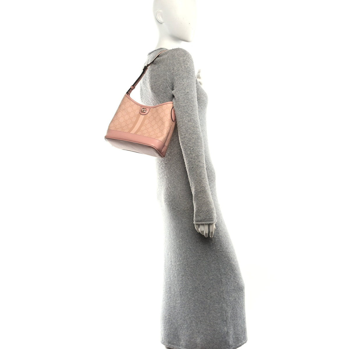 GG Supreme Monogram Textured Dollar Calfskin Web Small Ophidia Bucket Shoulder Bag Rose Pink wholesalehk.shop